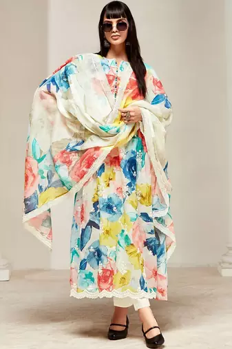 Floral Printed Round Neck Long Sleeves Kurta & Trouser With Dupatta