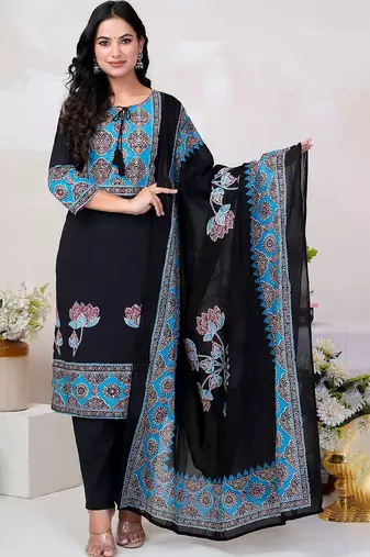 Women Floral Printed Sequinned Cotton Kurta with Trousers & With Dupatta