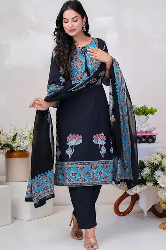 Women Floral Printed Sequinned Cotton Kurta with Trousers & With Dupatta