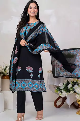 Women Floral Printed Sequinned Cotton Kurta with Trousers & With Dupatta