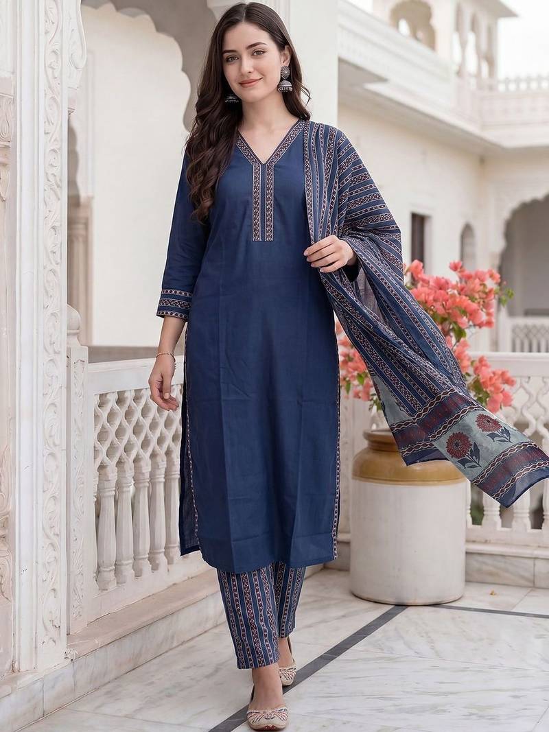 Women Ethnic Motifs Printed Cotton Kurta with Trousers & With Dupatta