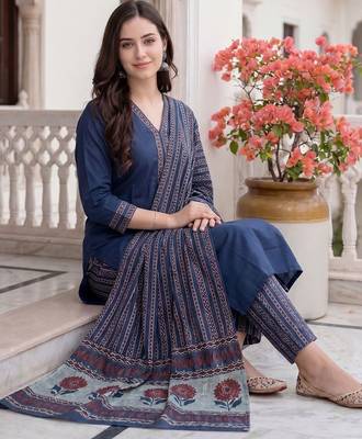 Women Ethnic Motifs Printed Cotton Kurta with Trousers & With Dupatta 5