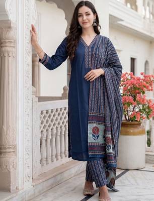 Women Ethnic Motifs Printed Cotton Kurta with Trousers & With Dupatta 6
