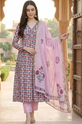 Women Ethnic Motifs Printed Empire Beads and Stones Cotton Kurta with Trousers & With Dupatta
