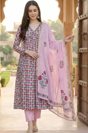 Women Ethnic Motifs Printed Empire Beads and Stones Cotton Kurta with Trousers & With Dupatta