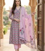 Women Ethnic Motifs Printed Empire Beads and Stones Cotton Kurta with Trousers & With Dupatta