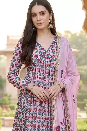 Women Ethnic Motifs Printed Empire Beads and Stones Cotton Kurta with Trousers & With Dupatta