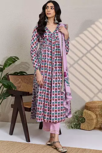 Women Ethnic Motifs Printed Empire Beads and Stones Cotton Kurta with Trousers & With Dupatta