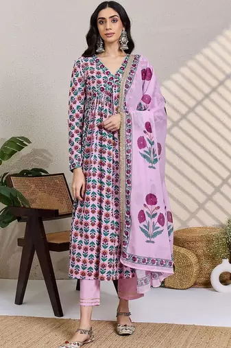 Women Ethnic Motifs Printed Empire Beads and Stones Cotton Kurta with Trousers & With Dupatta