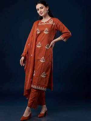 Women Ethnic Motifs Embroidered Thread Work Cotton Kurta with Trousers & With Dupatta 1