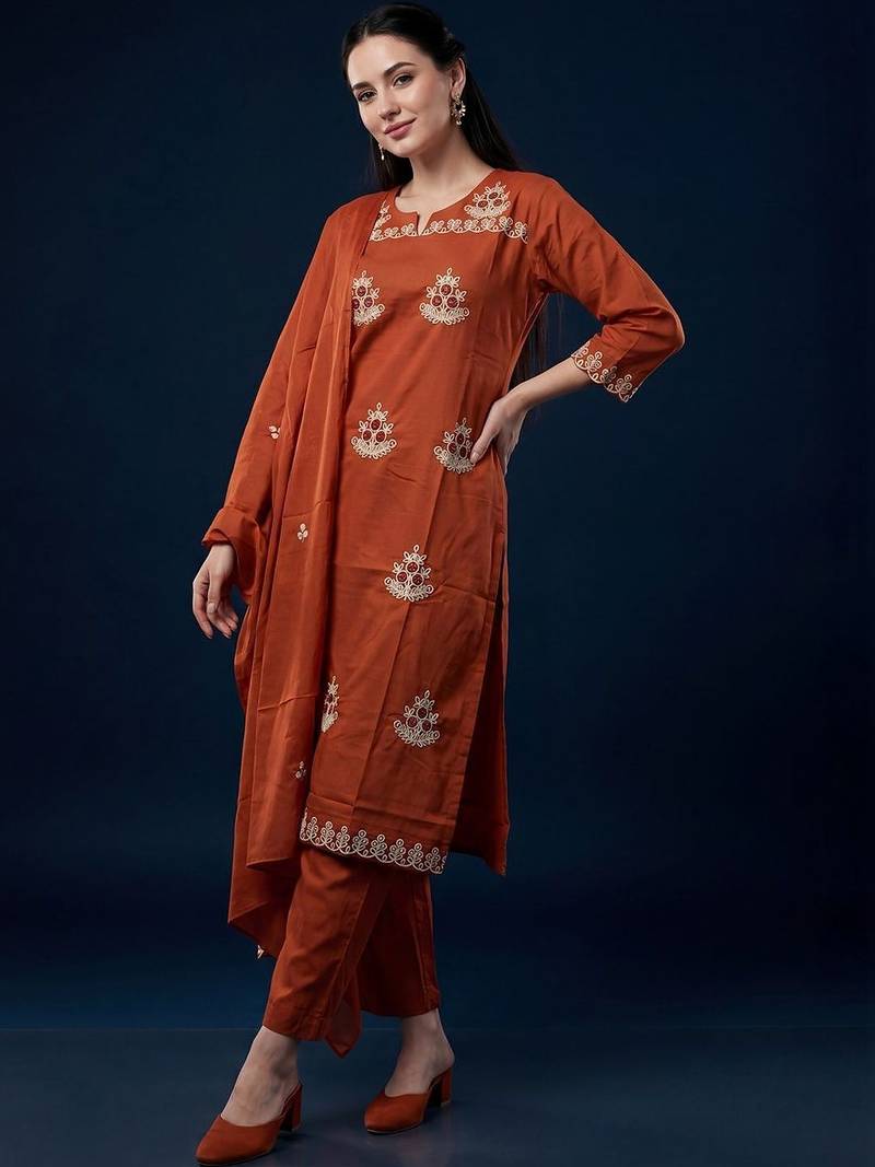 Women Ethnic Motifs Embroidered Thread Work Cotton Kurta with Trousers & With Dupatta
