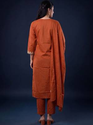 Women Ethnic Motifs Embroidered Thread Work Cotton Kurta with Trousers & With Dupatta 4