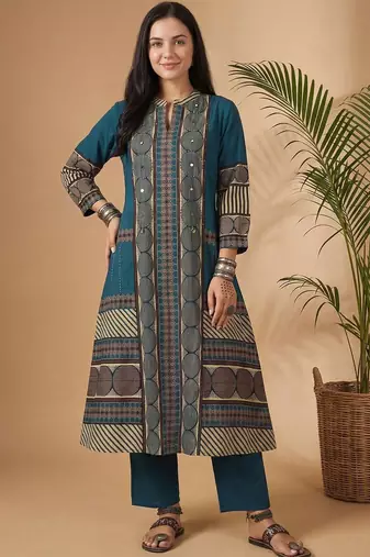 Women Printed Mirror Work Cotton Kurta with Trousers