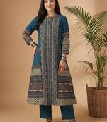 Women Printed Mirror Work Cotton Kurta with Trousers