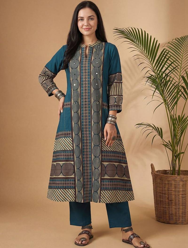 Women Printed Mirror Work Cotton Kurta with Trousers