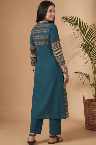 Women Printed Mirror Work Cotton Kurta with Trousers