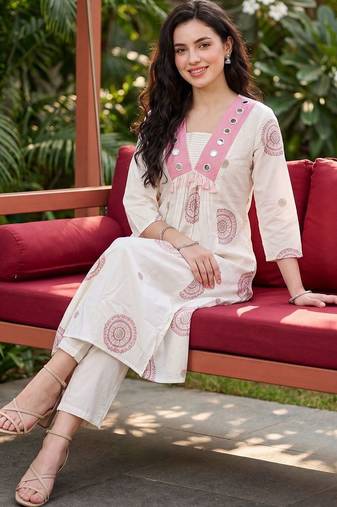 Women Ethnic Motifs Printed Empire Mirror Work Cotton Kurta with Trousers