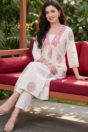 Women Ethnic Motifs Printed Empire Mirror Work Cotton Kurta with Trousers
