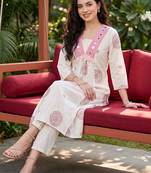 Women Ethnic Motifs Printed Empire Mirror Work Cotton Kurta with Trousers