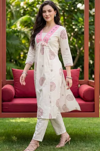 Women Ethnic Motifs Printed Empire Mirror Work Cotton Kurta with Trousers
