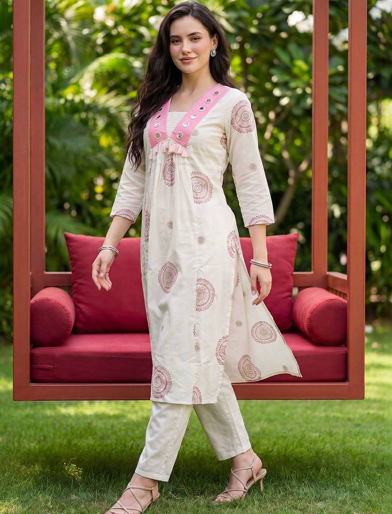 Women Ethnic Motifs Printed Empire Mirror Work Cotton Kurta with Trousers