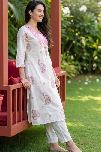 Women Ethnic Motifs Printed Empire Mirror Work Cotton Kurta with Trousers