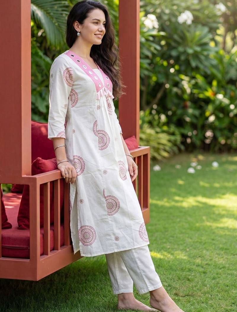 Women Ethnic Motifs Printed Empire Mirror Work Cotton Kurta with Trousers
