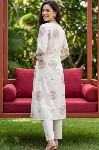 Women Ethnic Motifs Printed Empire Mirror Work Cotton Kurta with Trousers