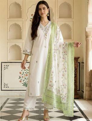 Women Floral Embroidered Thread Work Cotton Kurta with Trousers & With Dupatta 1