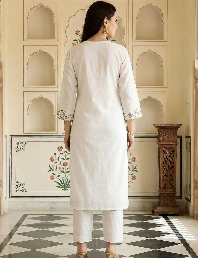 Women Floral Embroidered Thread Work Cotton Kurta with Trousers & With Dupatta
