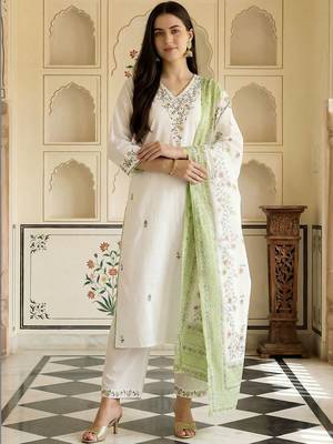 Women Floral Embroidered Thread Work Cotton Kurta with Trousers & With Dupatta 4