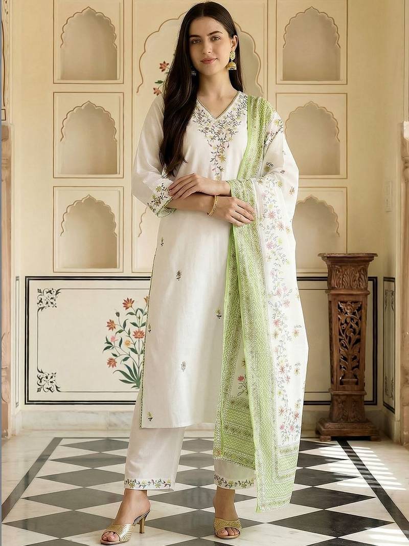 Women Floral Embroidered Thread Work Cotton Kurta with Trousers & With Dupatta