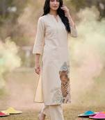 Women Animal Embroidered Thread Work Cotton Kurta with Trousers