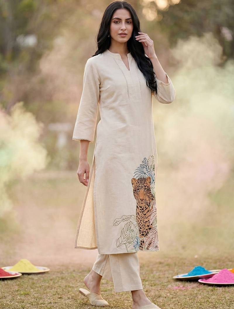 Women Animal Embroidered Thread Work Cotton Kurta with Trousers
