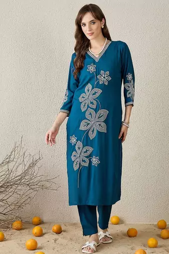 Women Floral V-Neck Embroidered Thread Work Straight Kurta Sets