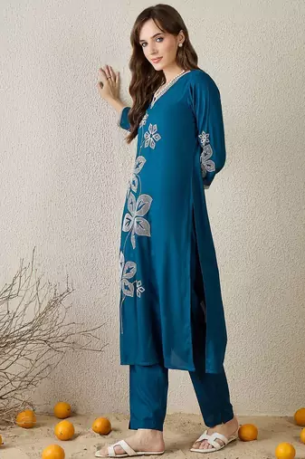 Women Floral V-Neck Embroidered Thread Work Straight Kurta Sets