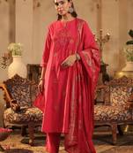 Floral Embroidered Notch Neck Panelled A-Line Kurta & Trousers With Dupatta