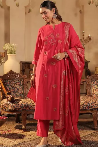 Floral Embroidered Notch Neck Panelled A-Line Kurta & Trousers With Dupatta