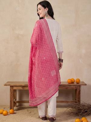 Women Ethnic Motifs Embroidered Thread Work Cotton Kurta with Trousers & With Dupatta 4
