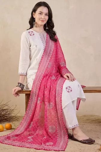 Women Ethnic Motifs Embroidered Thread Work Cotton Kurta with Trousers & With Dupatta