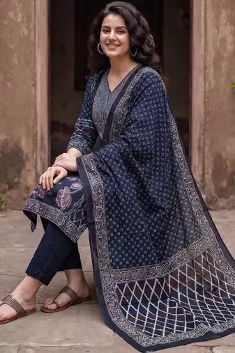 Women Floral Printed Panelled Sequinned Cotton Kurta with Trousers & With Dupatta