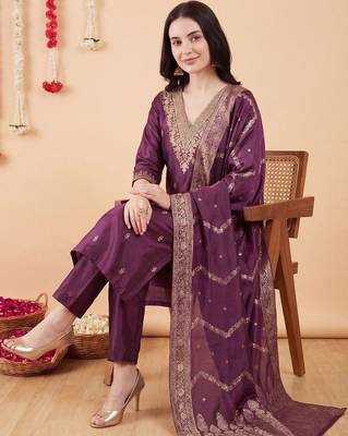 Women Ethnic Motifs Embroidered Kurta with Trousers & With Dupatta 5