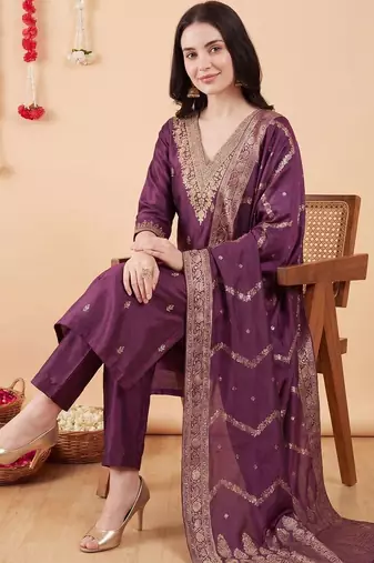 Women Ethnic Motifs Embroidered Kurta with Trousers & With Dupatta