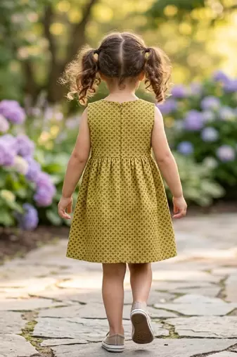 Girls printed cotton linen a-line dress – sleeveless olive gold summer frock with dual front bows