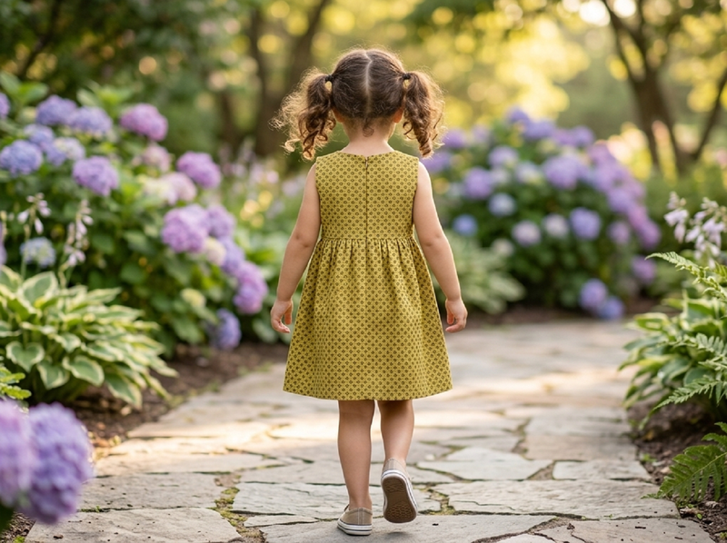 Girls printed cotton linen a-line dress – sleeveless olive gold summer frock with dual front bows