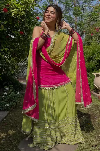 Green Mirror Work Silk Blend Top with Embroidered Lehenga Set