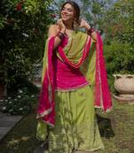 Green Mirror Work Silk Blend Top with Embroidered Lehenga Set