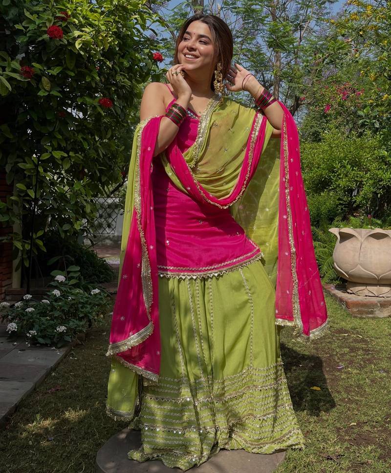 Green Mirror Work Silk Blend Top with Embroidered Lehenga Set