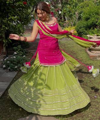 Green Mirror Work Silk Blend Top with Embroidered Lehenga Set 2