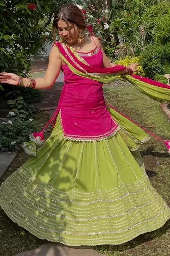 Green Mirror Work Silk Blend Top with Embroidered Lehenga Set